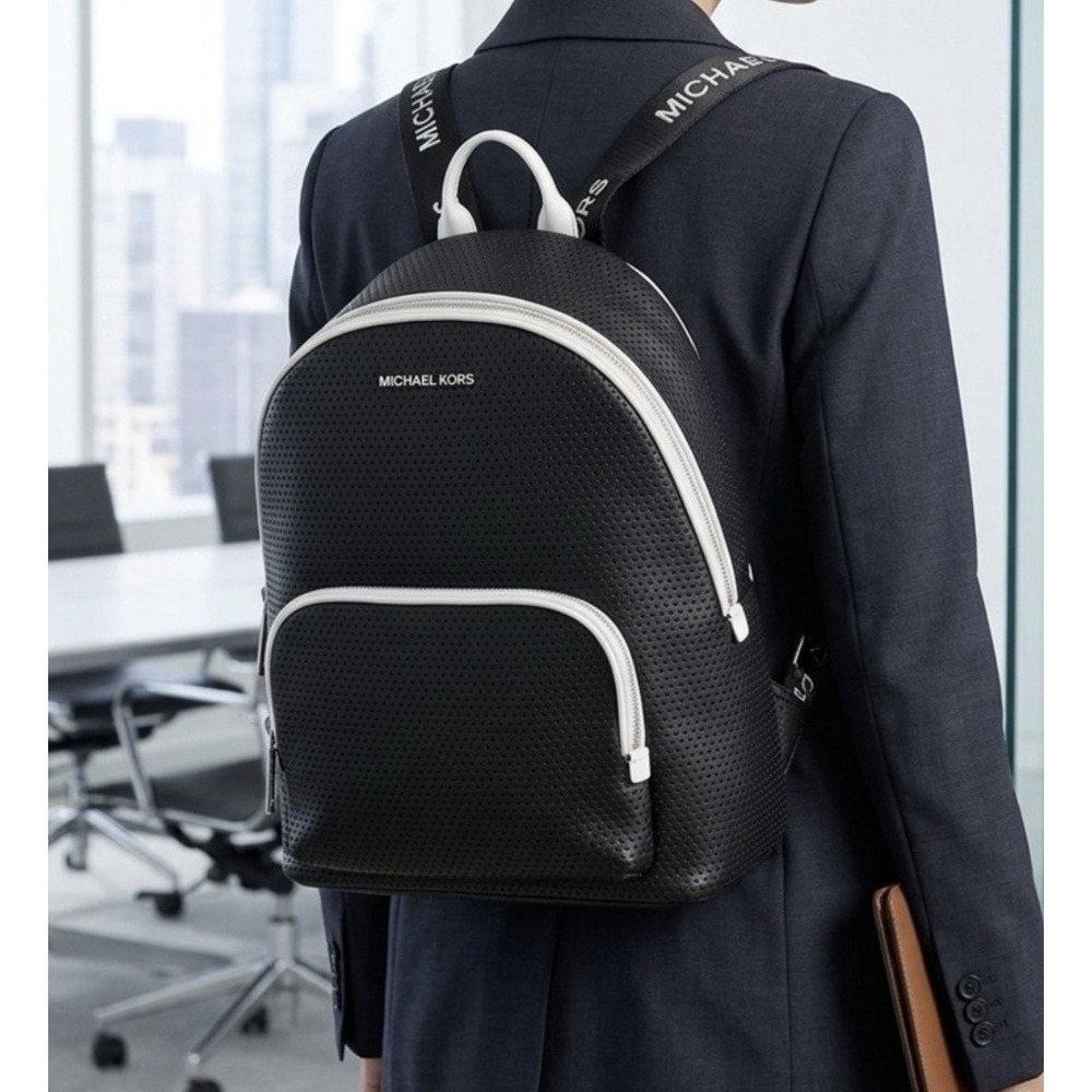 Michael Kors $428 Lacey Sport Perforated Leather Backpack Black White Minimalist